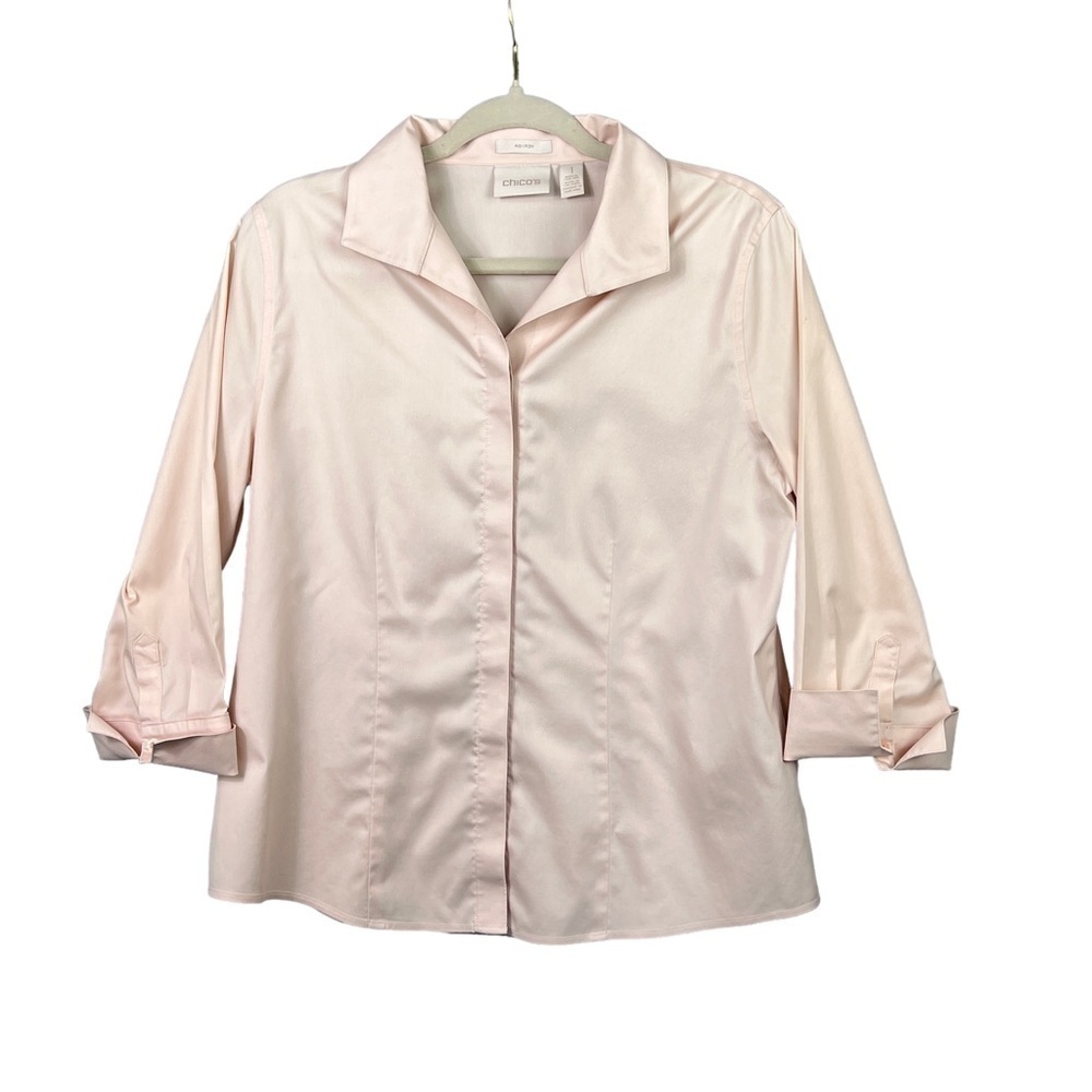 Chico's Blouse Women's Size 8/M Button Down 3/4 Sleeve No Iron Light Pink